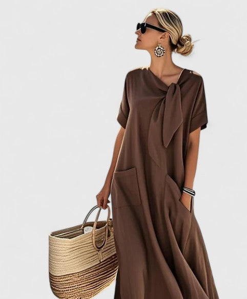 Vestido Largo Suelto con Lazo al Cuello Mujer Bolsillos