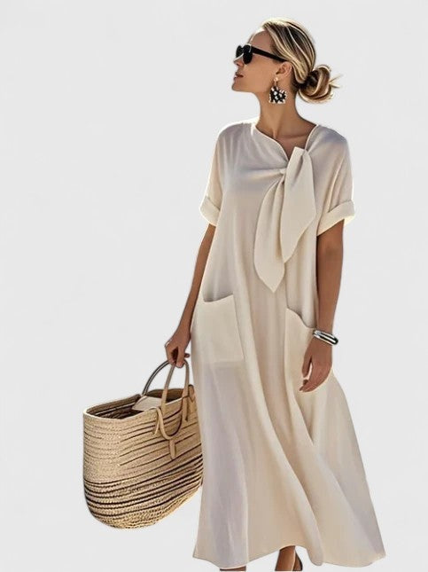 Vestido Largo Suelto con Lazo al Cuello Mujer Bolsillos