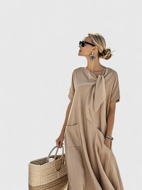 Vestido Largo Suelto con Lazo al Cuello Mujer Bolsillos