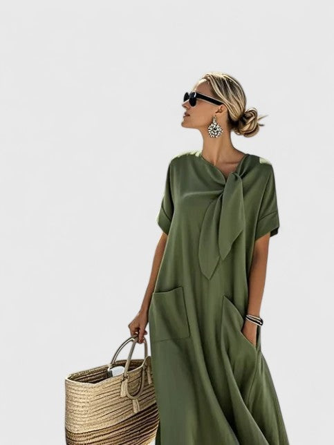 Vestido Largo Suelto con Lazo al Cuello Mujer Bolsillos