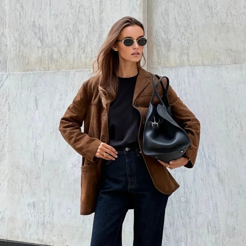Chaqueta de Ante Mujer Solapa Corte Recto