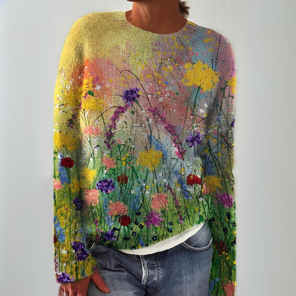 Jersey Fino Estampado Floral Mujer Manga Larga Cuello Redondo