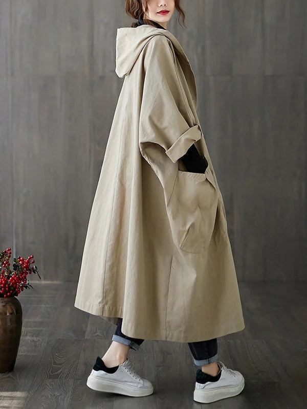 Trench Coat Largo con Capucha Mujer Oversize