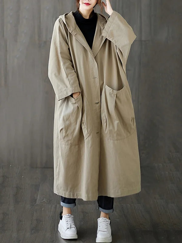 Trench Coat Largo con Capucha Mujer Oversize