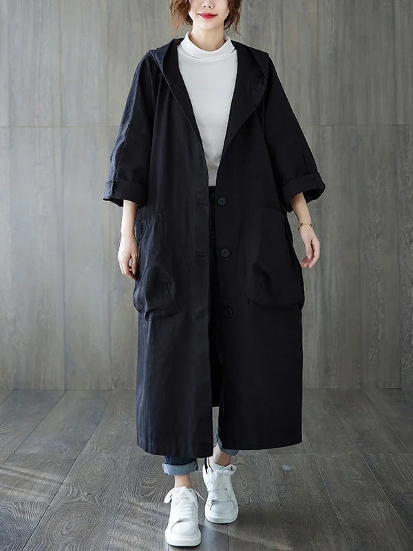 Trench Coat Largo con Capucha Mujer Oversize