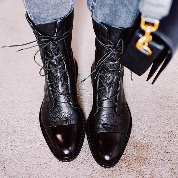 Botas Planas de Piel con Cordones Mujer Caña Media