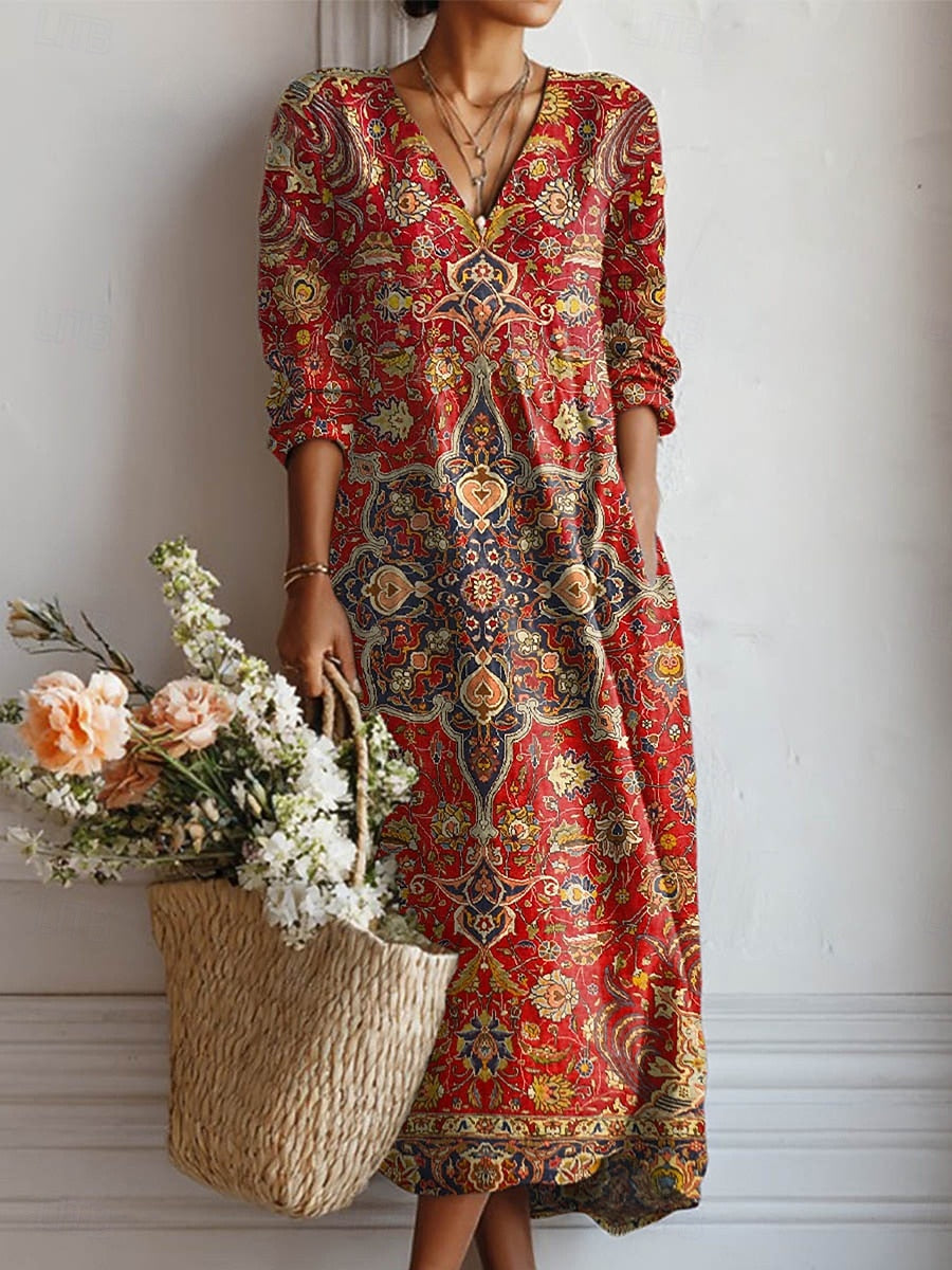 Vestido Midi Boho de Lino Estampado Mujer Escote V