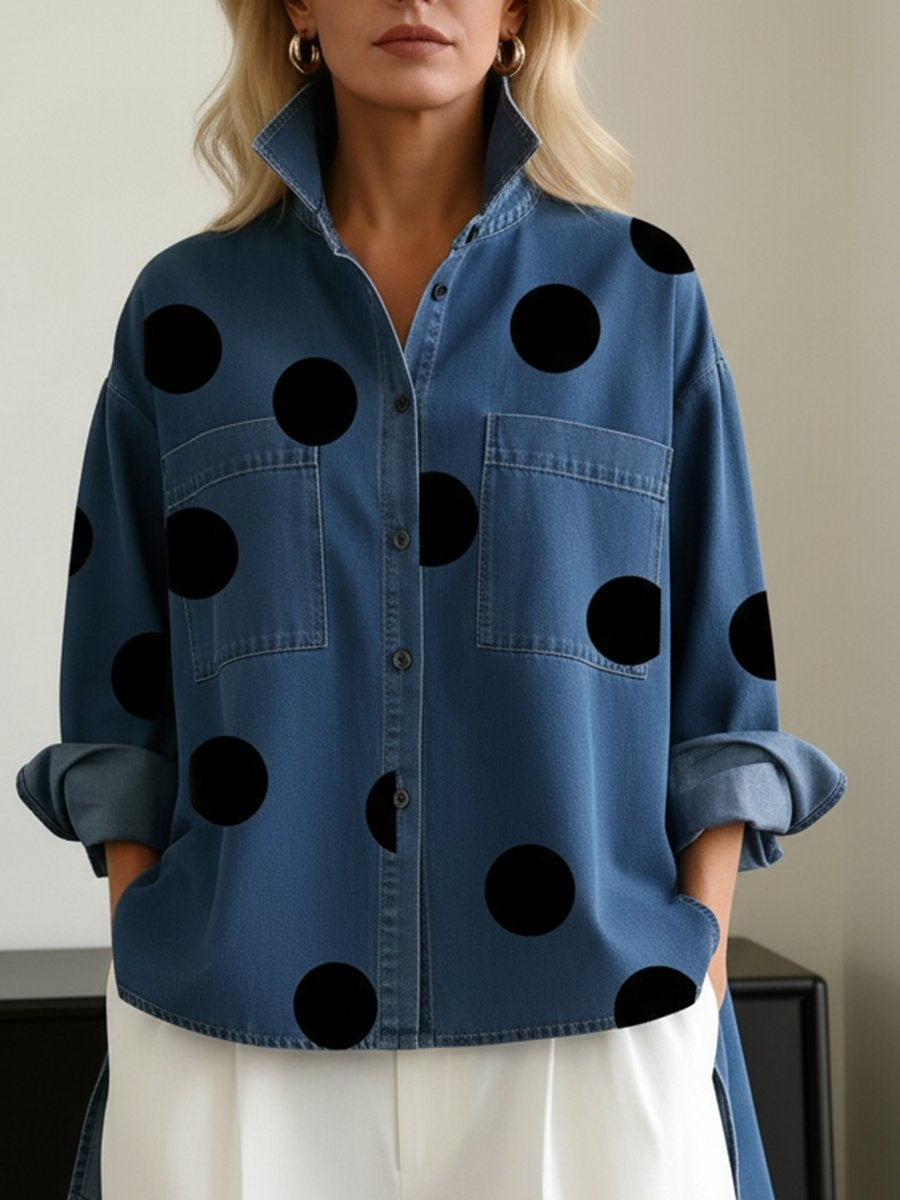 Camisa Vaquera Oversize Mujer de Lunares Manga Larga