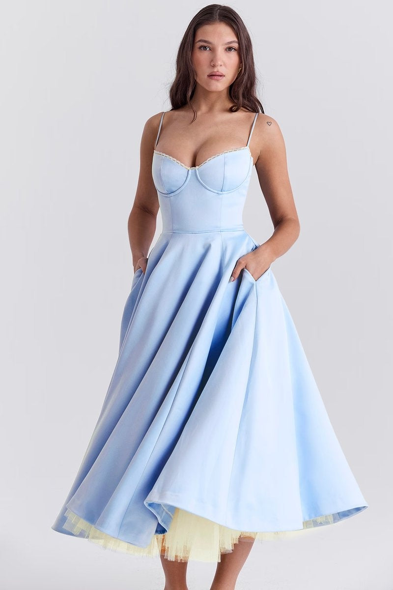 Vestido de Fiesta Midi Mujer Falda Acampanada Tirantes