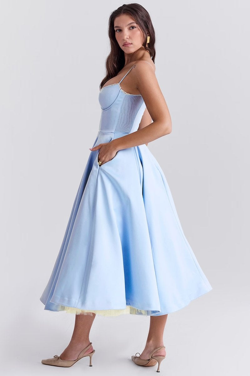 Vestido de Fiesta Midi Mujer Falda Acampanada Tirantes