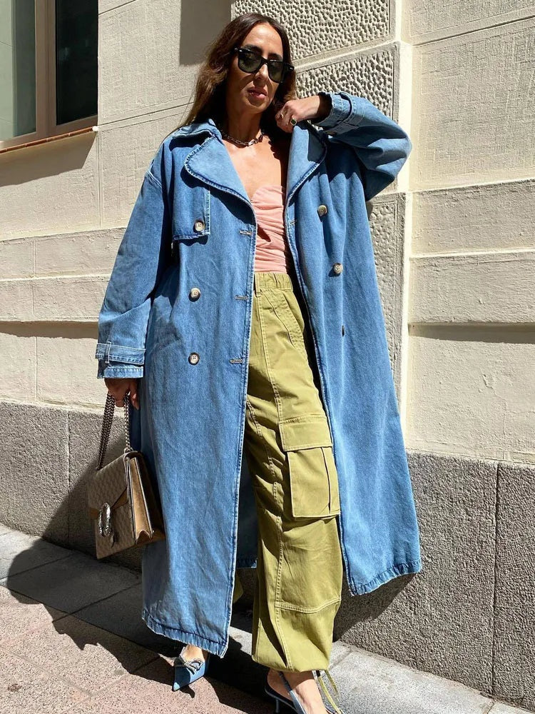 Trench Coat de Denim Largo Mujer Doble Botonadura