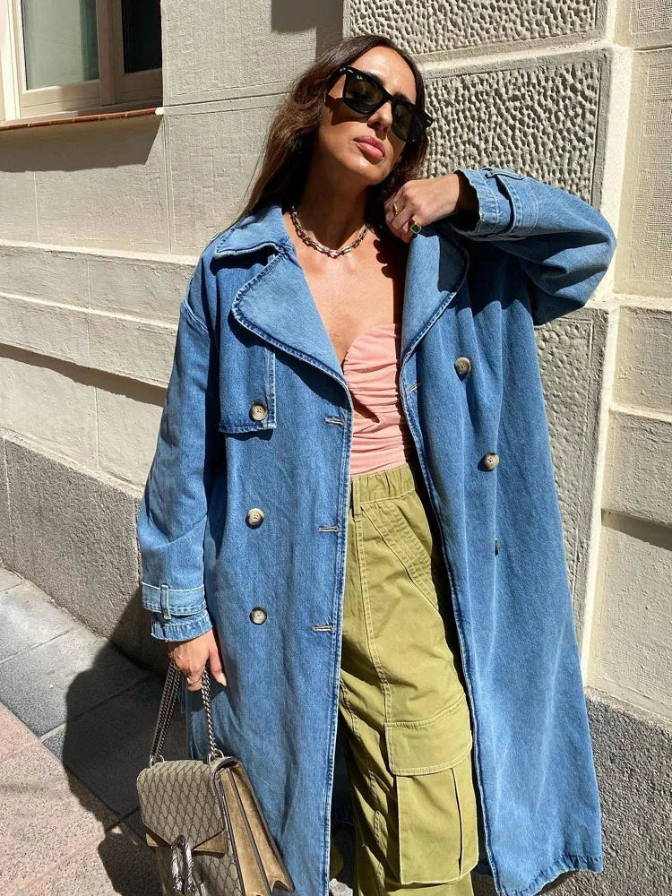 Trench Coat de Denim Largo Mujer Doble Botonadura