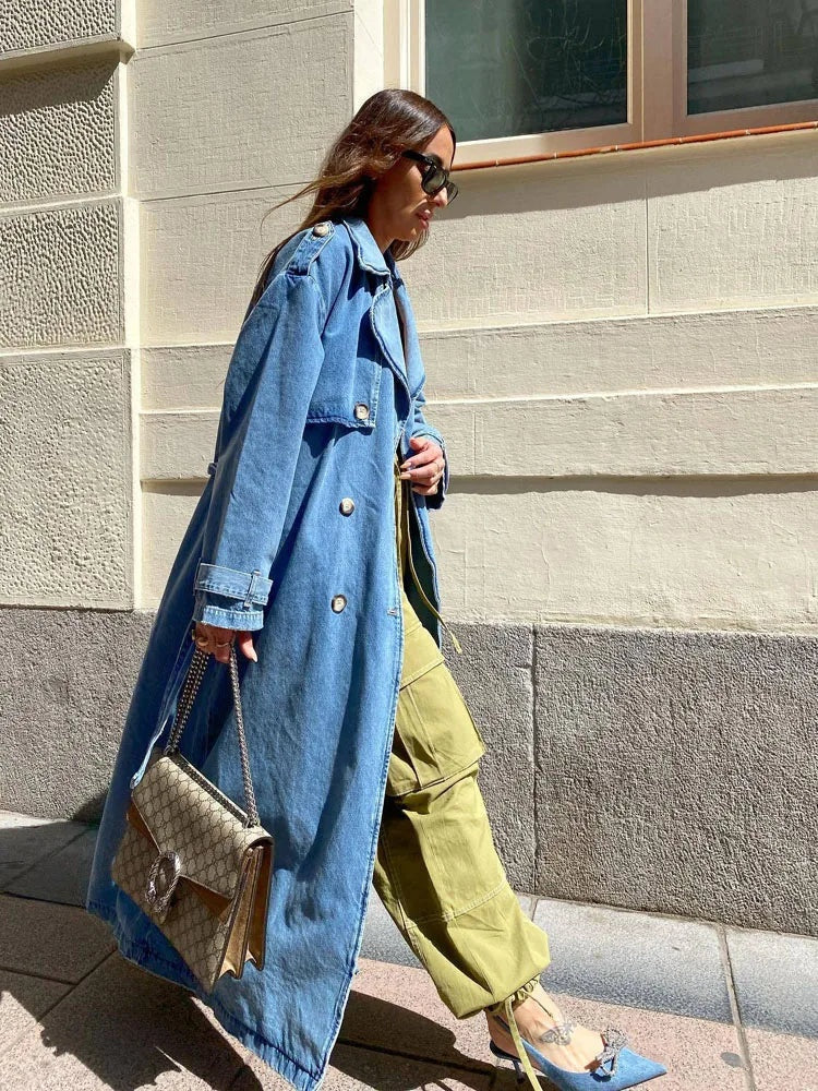 Trench Coat de Denim Largo Mujer Doble Botonadura