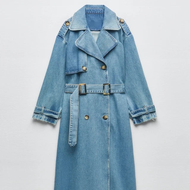 Trench Coat de Denim Largo Mujer Doble Botonadura