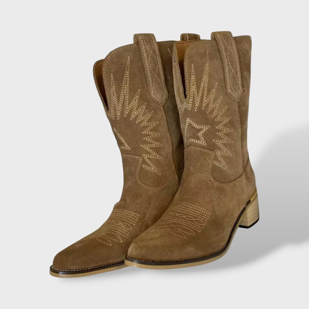 Botines Cowboy Mujer de Ante Bordados Caña Media