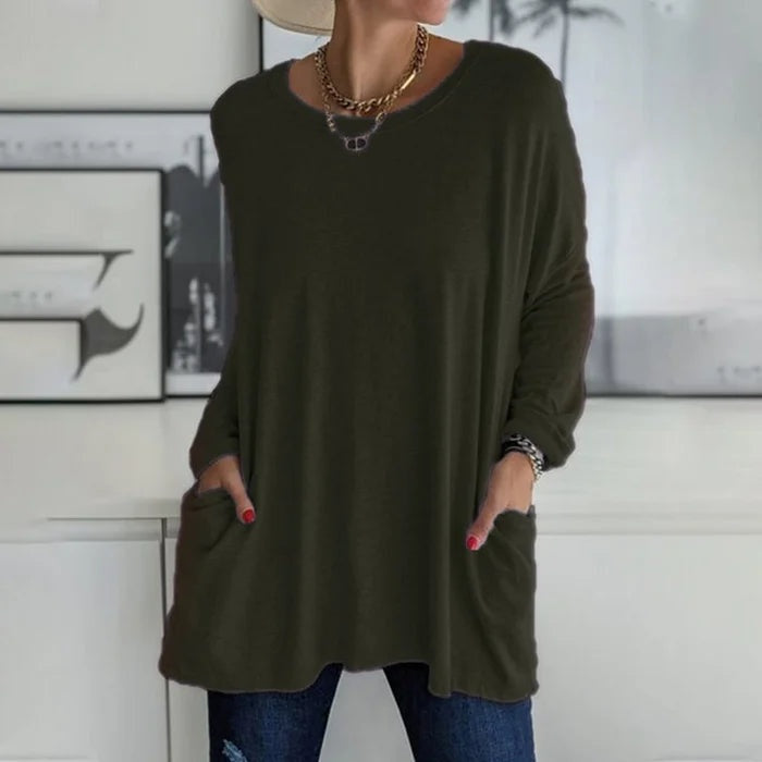 Camiseta Oversize de Manga Larga Mujer Bolsillos Cuello Redondo