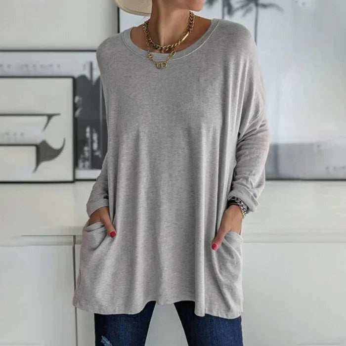 Camiseta Oversize de Manga Larga Mujer Bolsillos Cuello Redondo