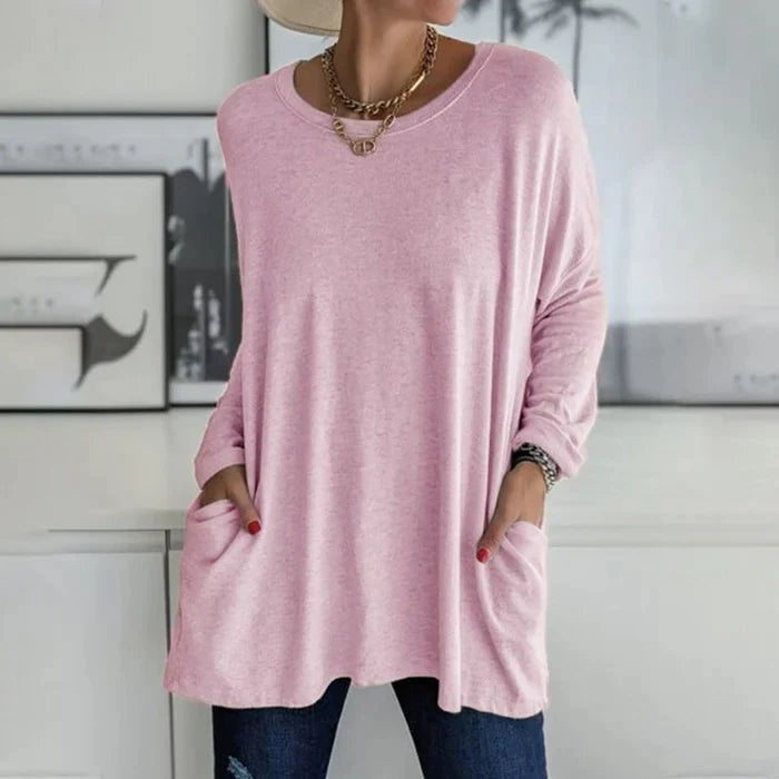 Camiseta Oversize de Manga Larga Mujer Bolsillos Cuello Redondo