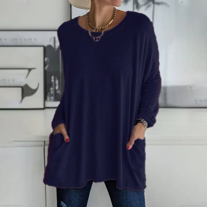 Camiseta Oversize de Manga Larga Mujer Bolsillos Cuello Redondo