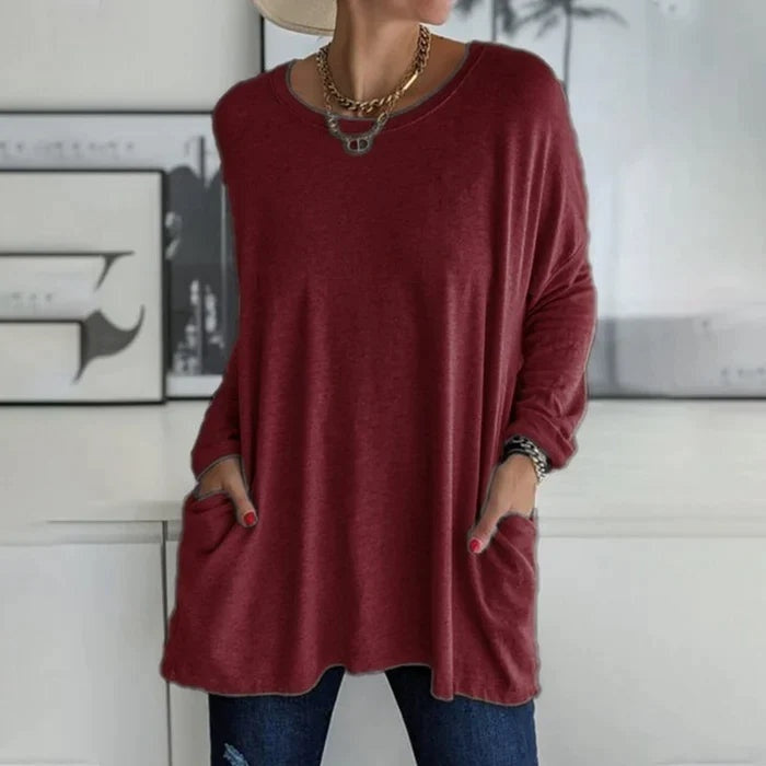 Camiseta Oversize de Manga Larga Mujer Bolsillos Cuello Redondo