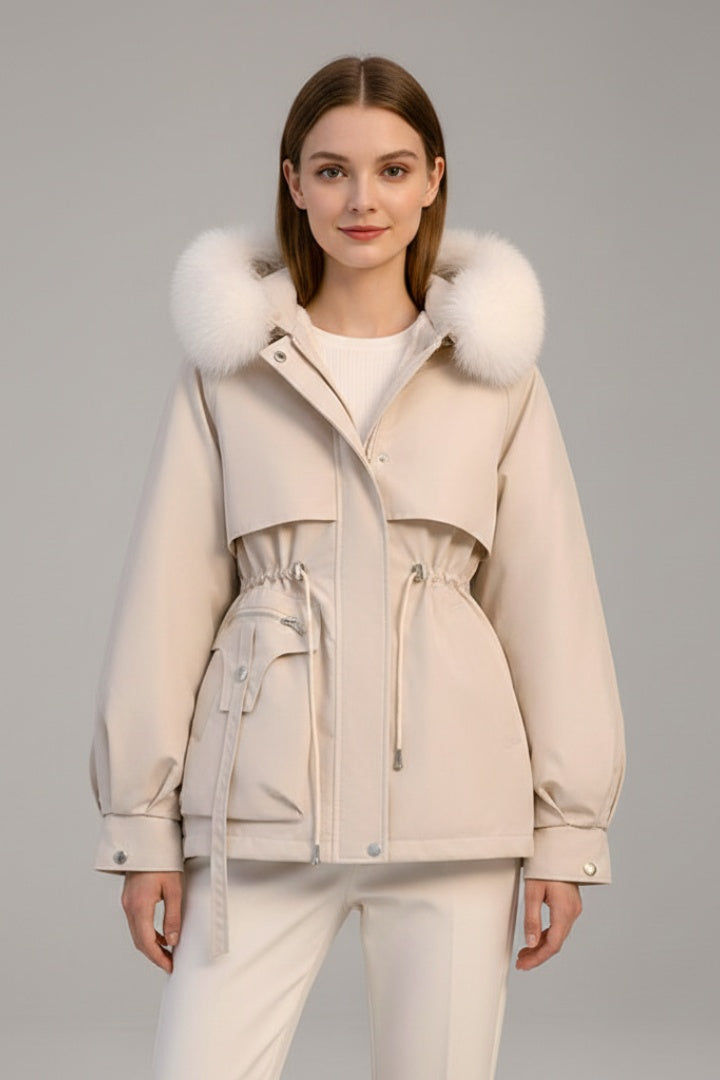 Parka Acolchada Mujer con Capucha Piel Cordón Ajustable