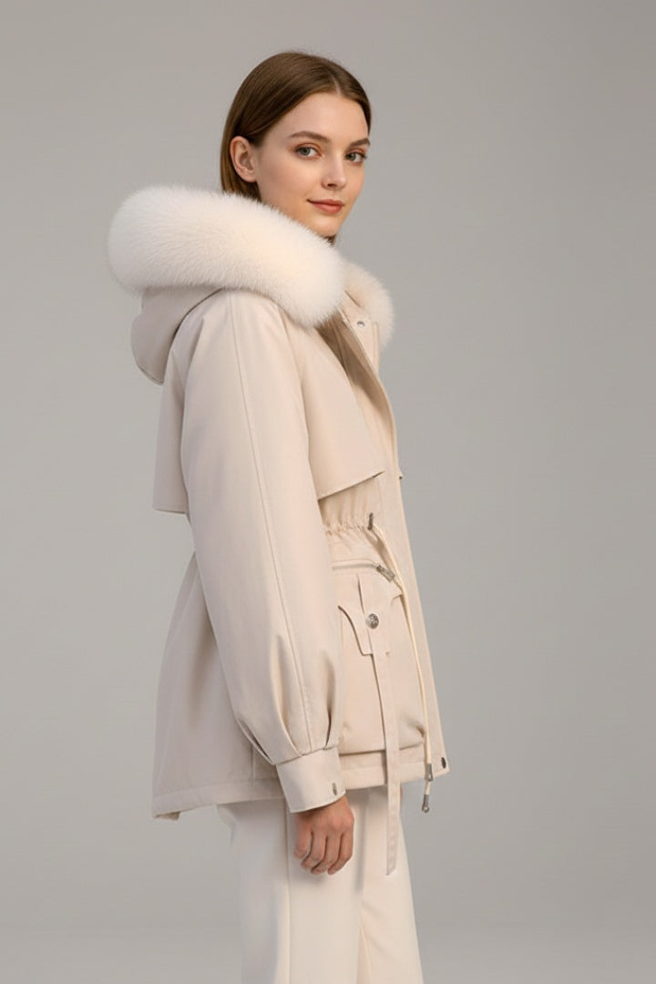 Parka Acolchada Mujer con Capucha Piel Cordón Ajustable