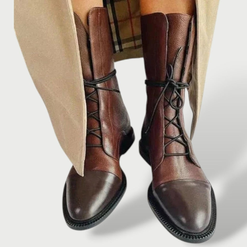 Botas Militares de Piel Planas Mujer Cordones Caña Media