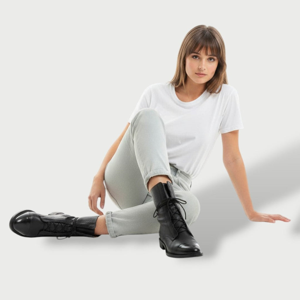 Botas Militares de Piel Planas Mujer Cordones Caña Media