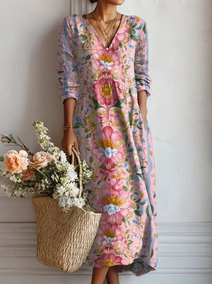 Vestido Midi Boho de Lino Estampado Mujer Escote V