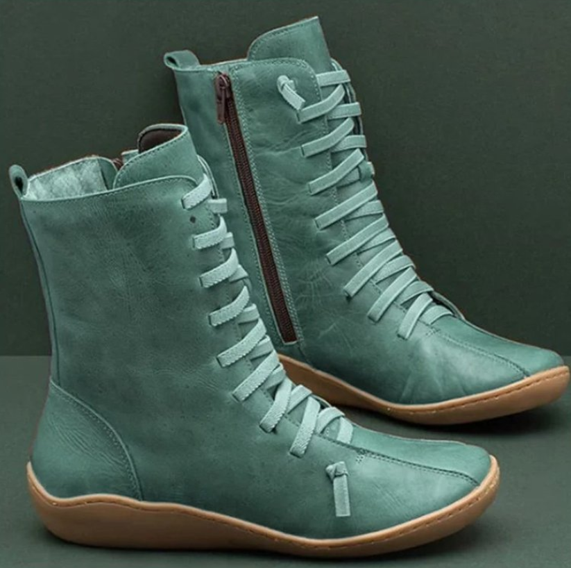 Botas Planas con Cordones Mujer Caña Media Piel