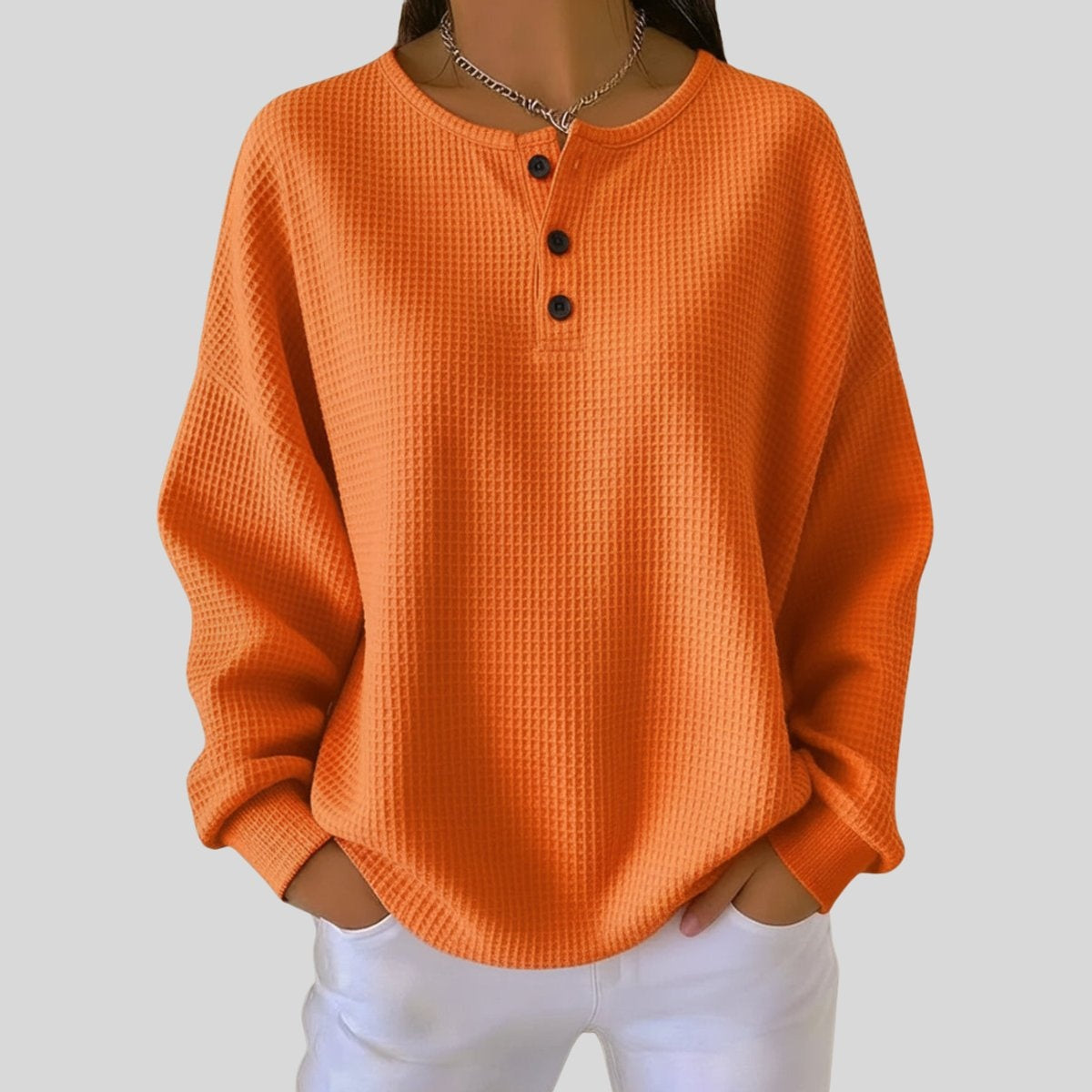 Jersey Fino Mujer Oversize Cuello Redondo Botones