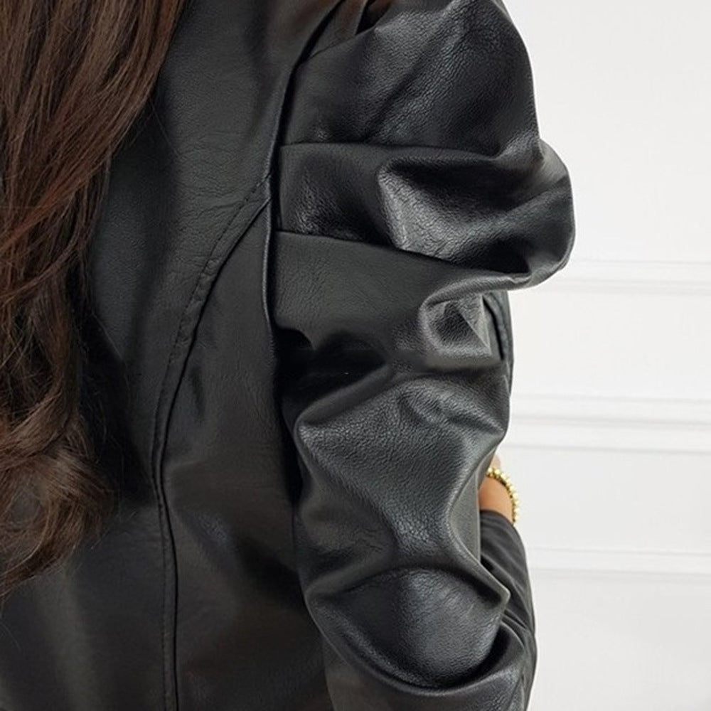 Chaqueta Biker de Cuero Corta Mujer Manga Abullonada