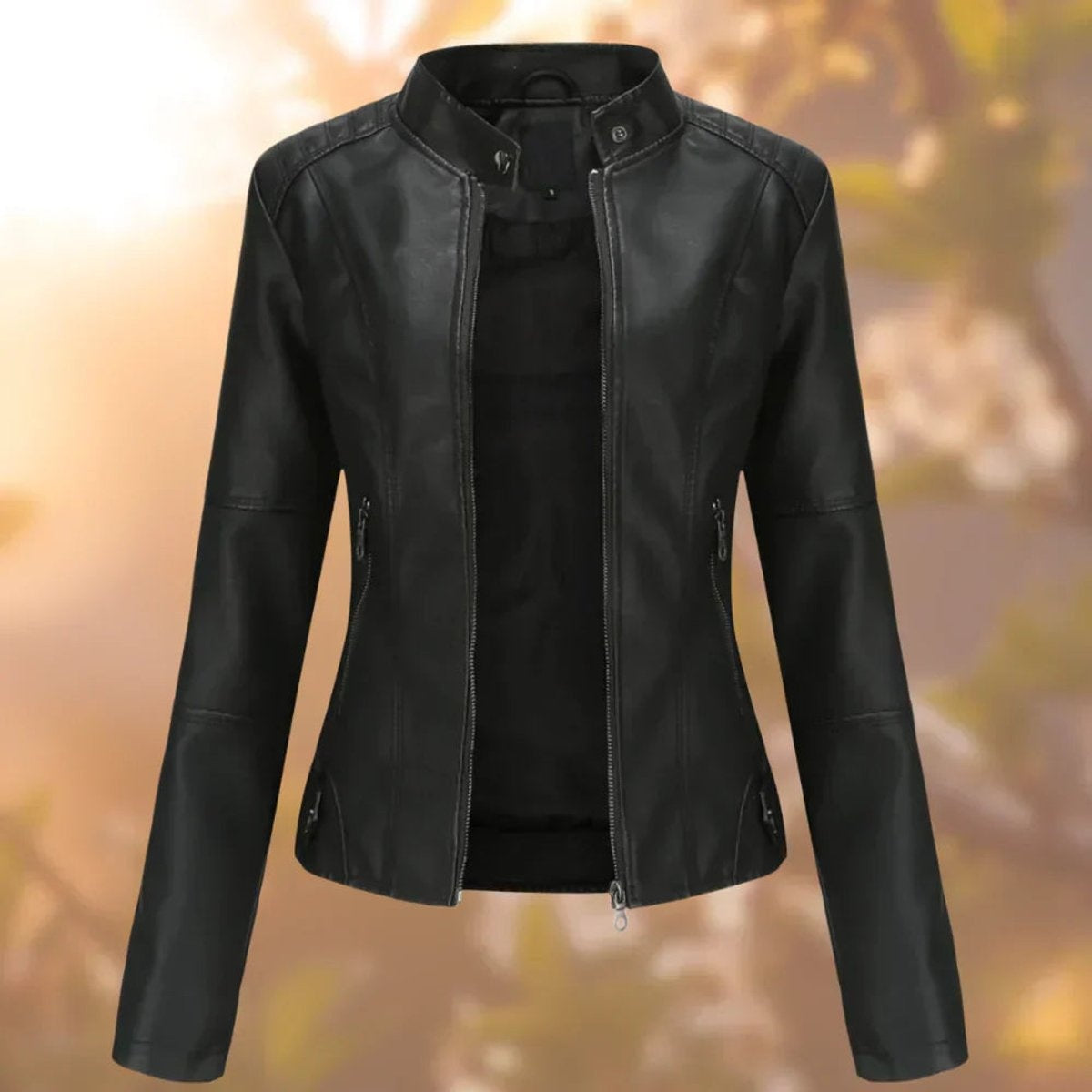 Chaqueta Motera Mujer de Polipiel Slim Fit Cuello Mao