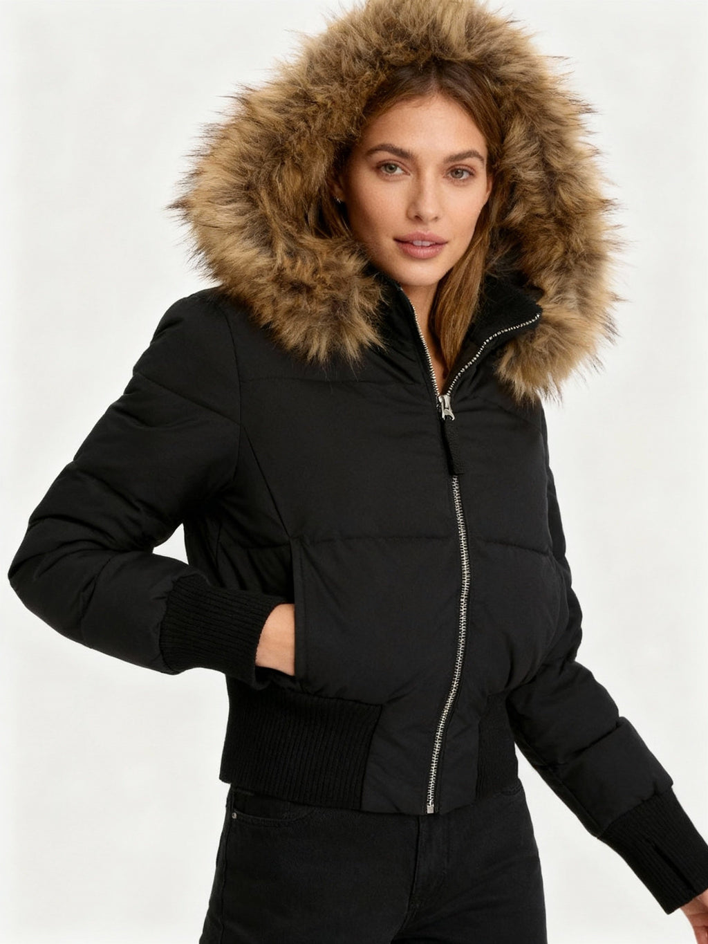 Chaqueta de Plumas Mujer con Capucha Piel Sintética
