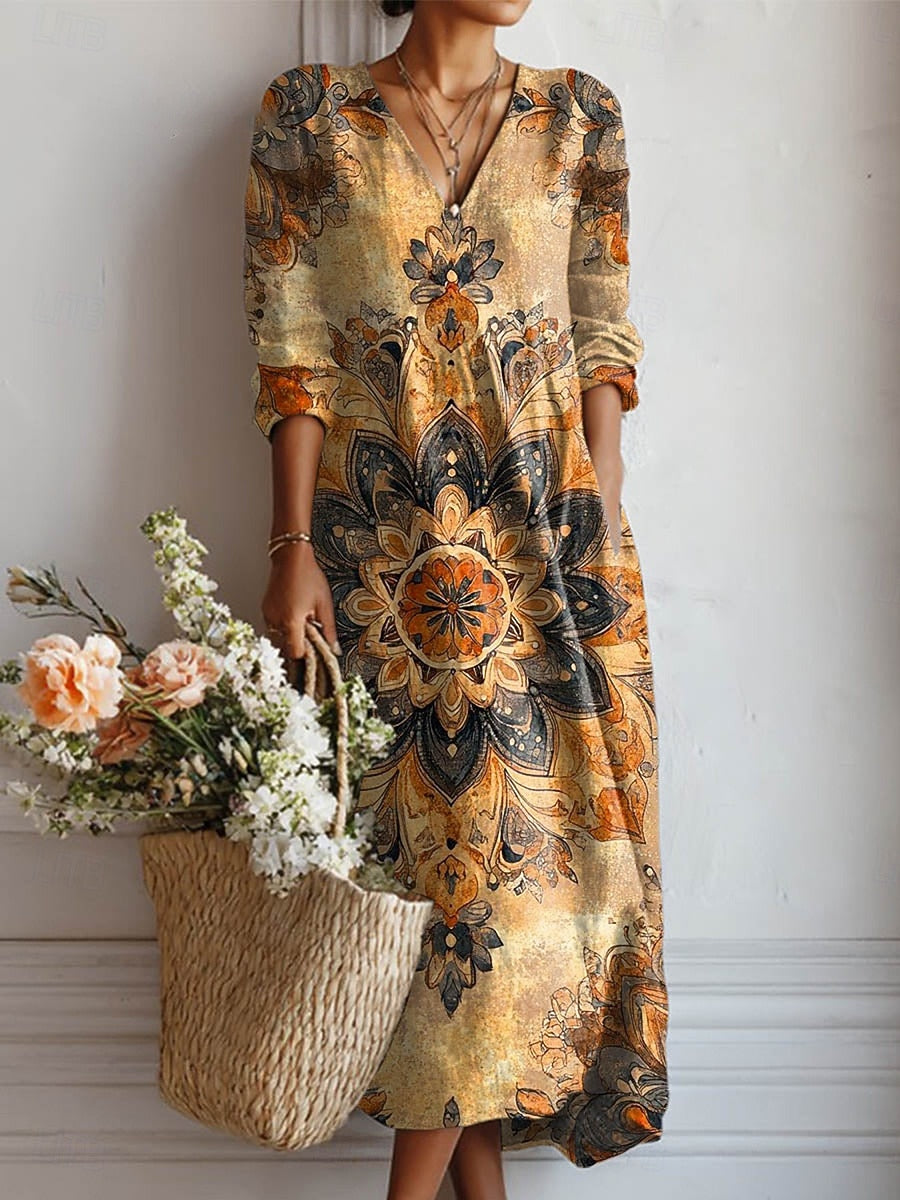 Vestido Midi Boho de Lino Estampado Mujer Escote V