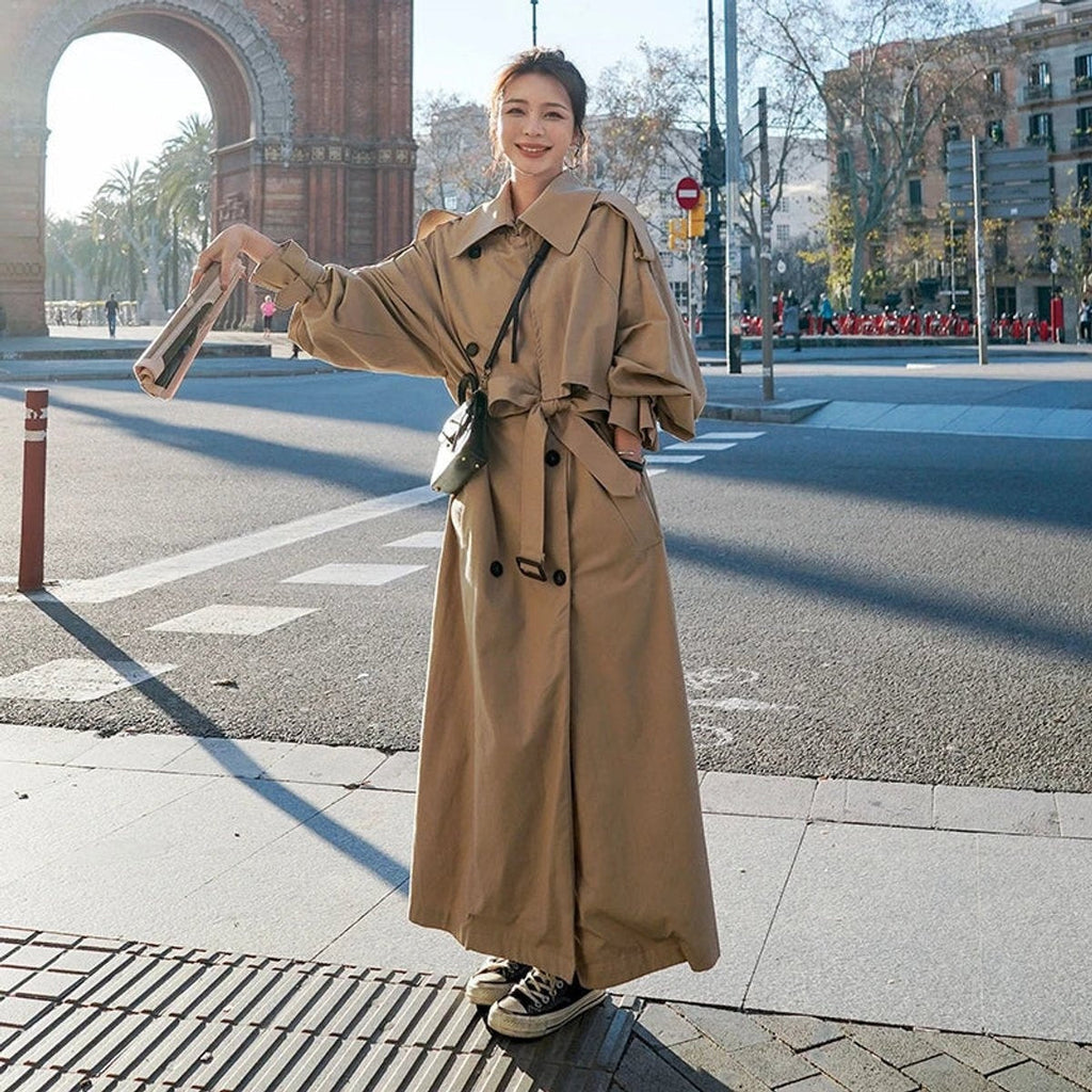 Gabardina Larga Oversize Mujer Doble Botonadura con Cinturón