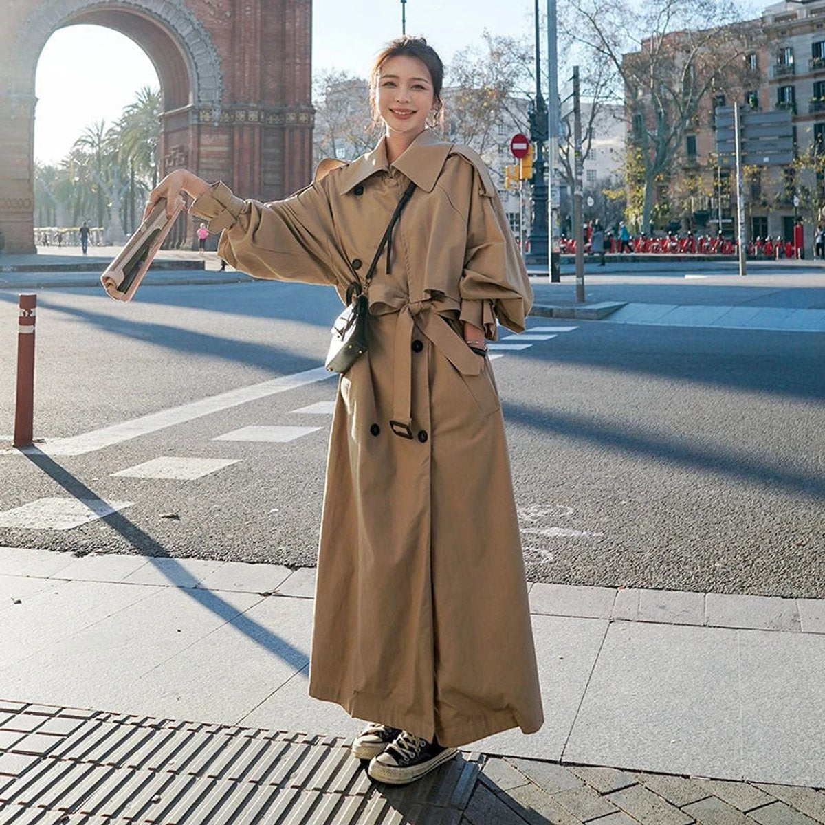 Gabardina Larga Oversize Mujer Doble Botonadura con Cinturón