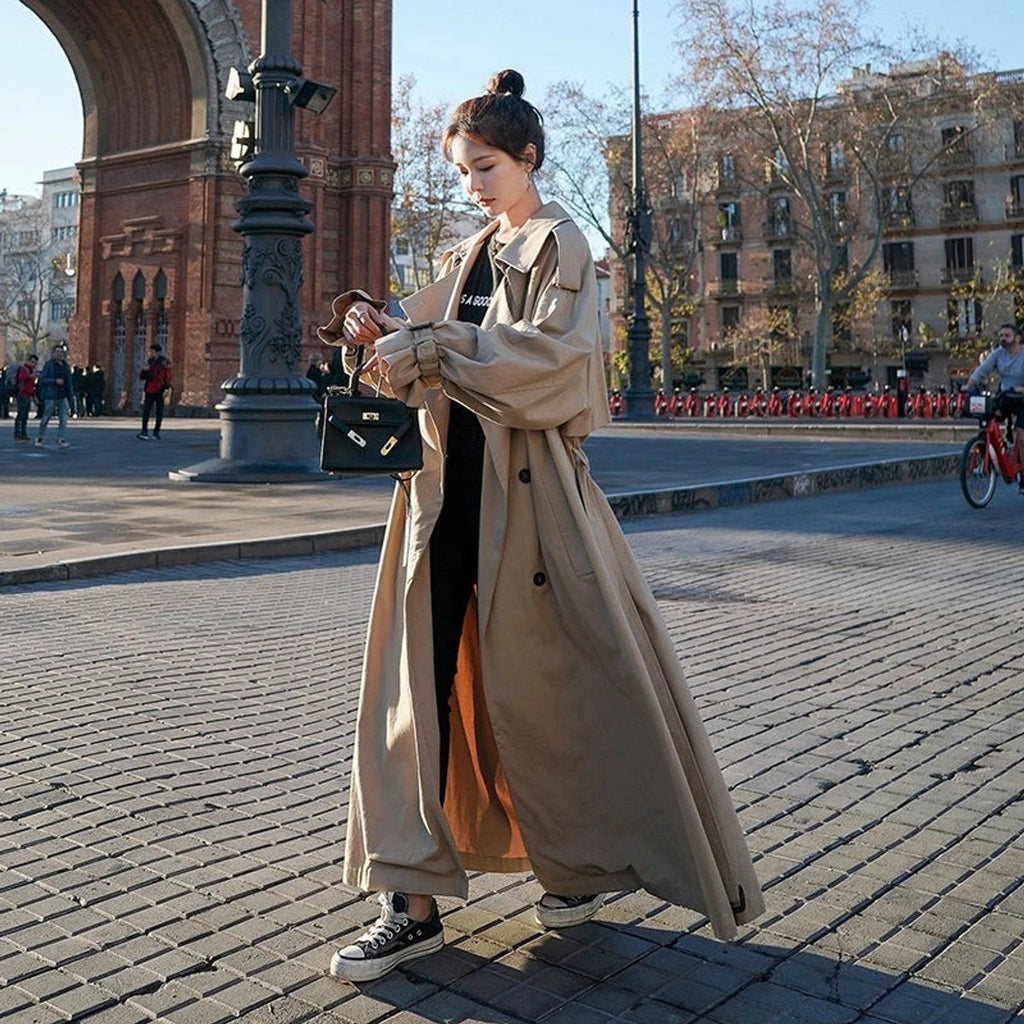 Gabardina Larga Oversize Mujer Doble Botonadura con Cinturón