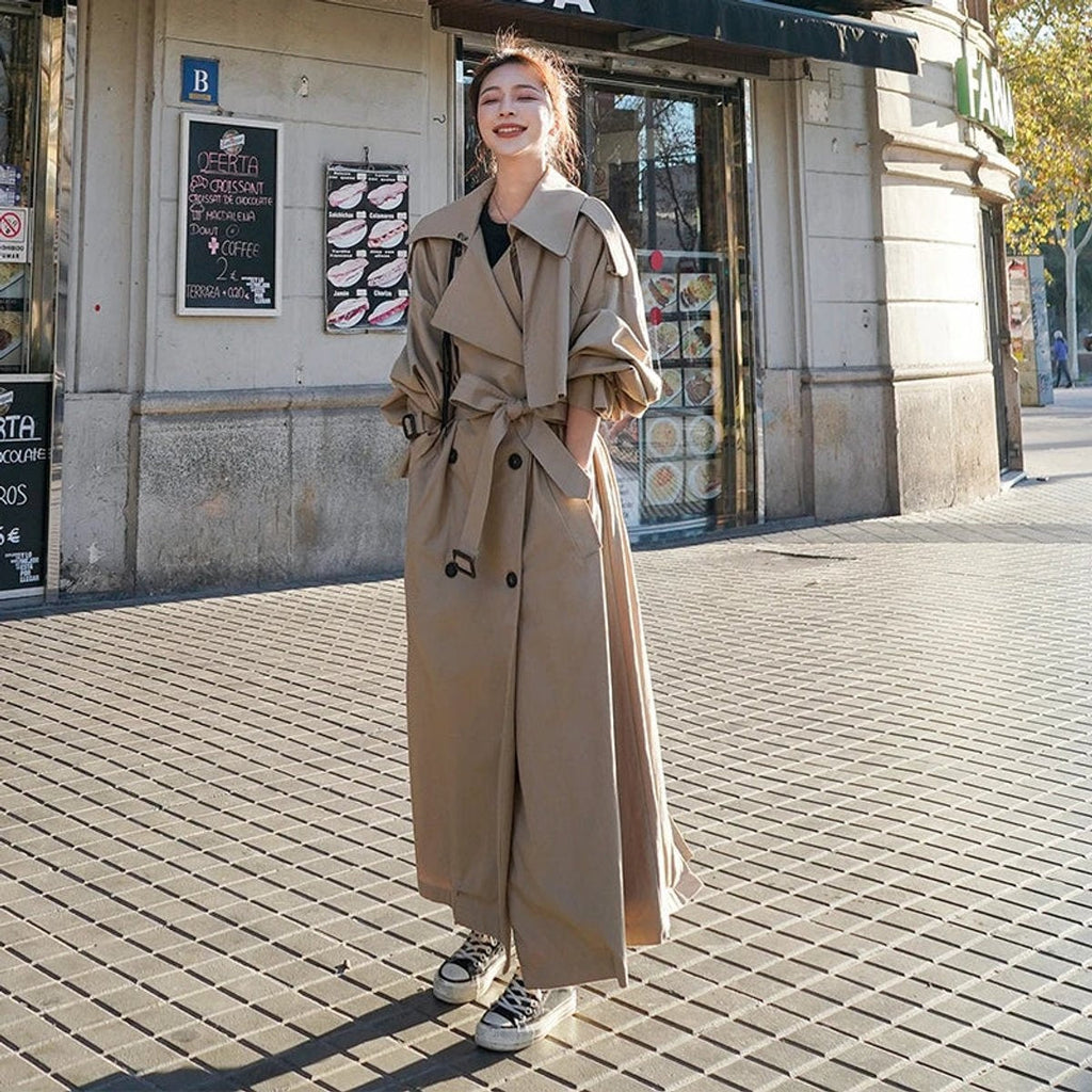 Gabardina Larga Oversize Mujer Doble Botonadura con Cinturón