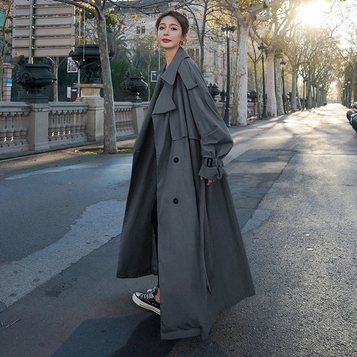 Gabardina Larga Oversize Mujer Doble Botonadura con Cinturón
