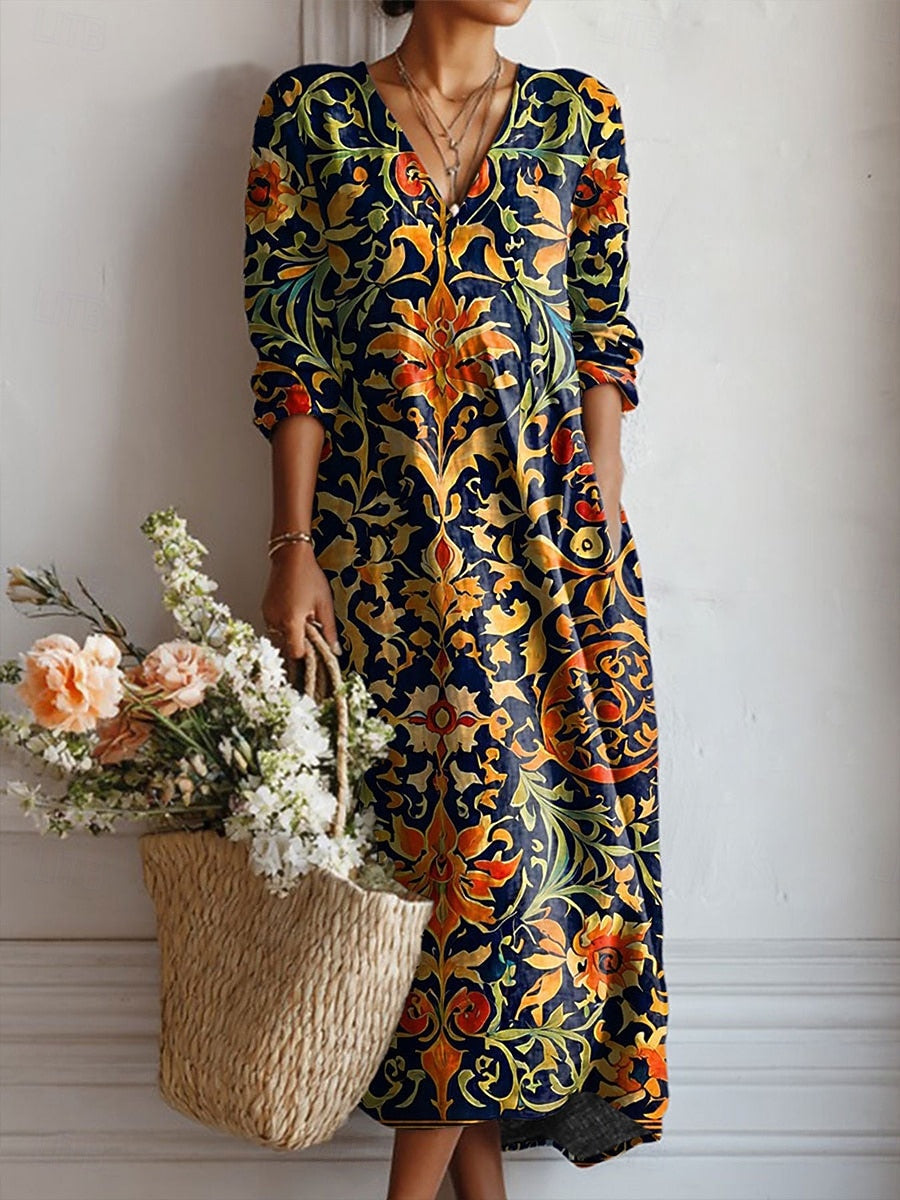 Vestido Midi Boho de Lino Estampado Mujer Escote V