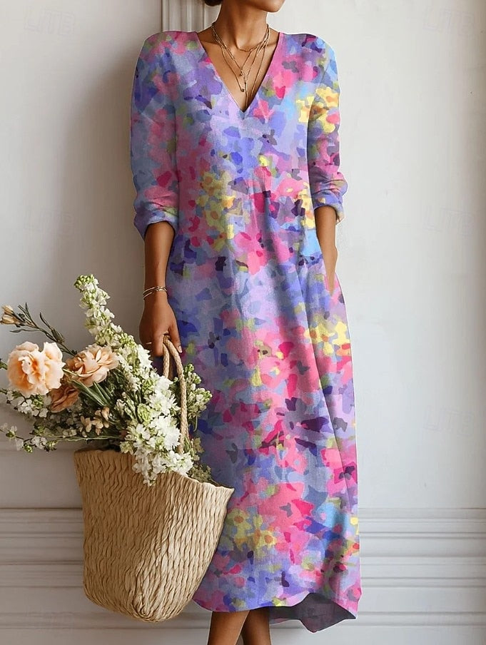 Vestido Midi Boho de Lino Estampado Mujer Escote V
