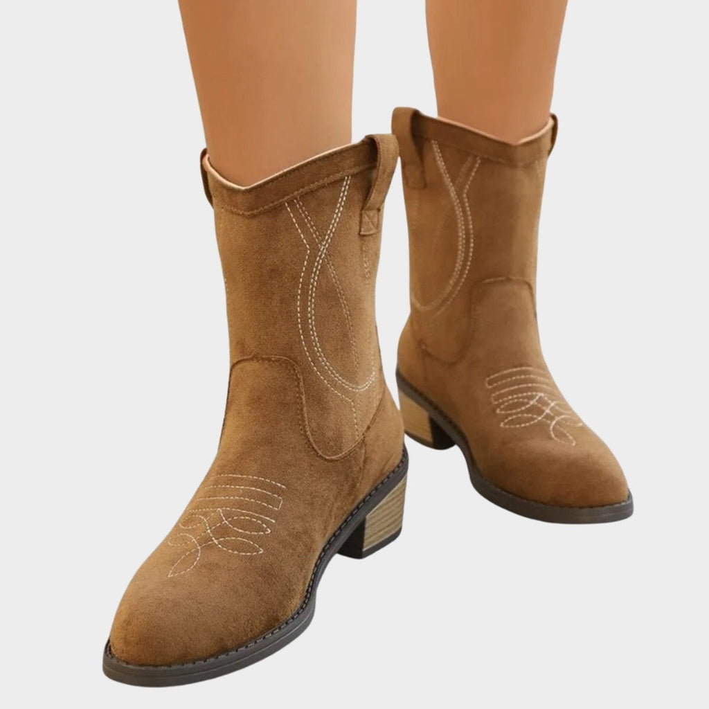 Botines Cowboy Mujer de Ante Bordados Tacón Bloque