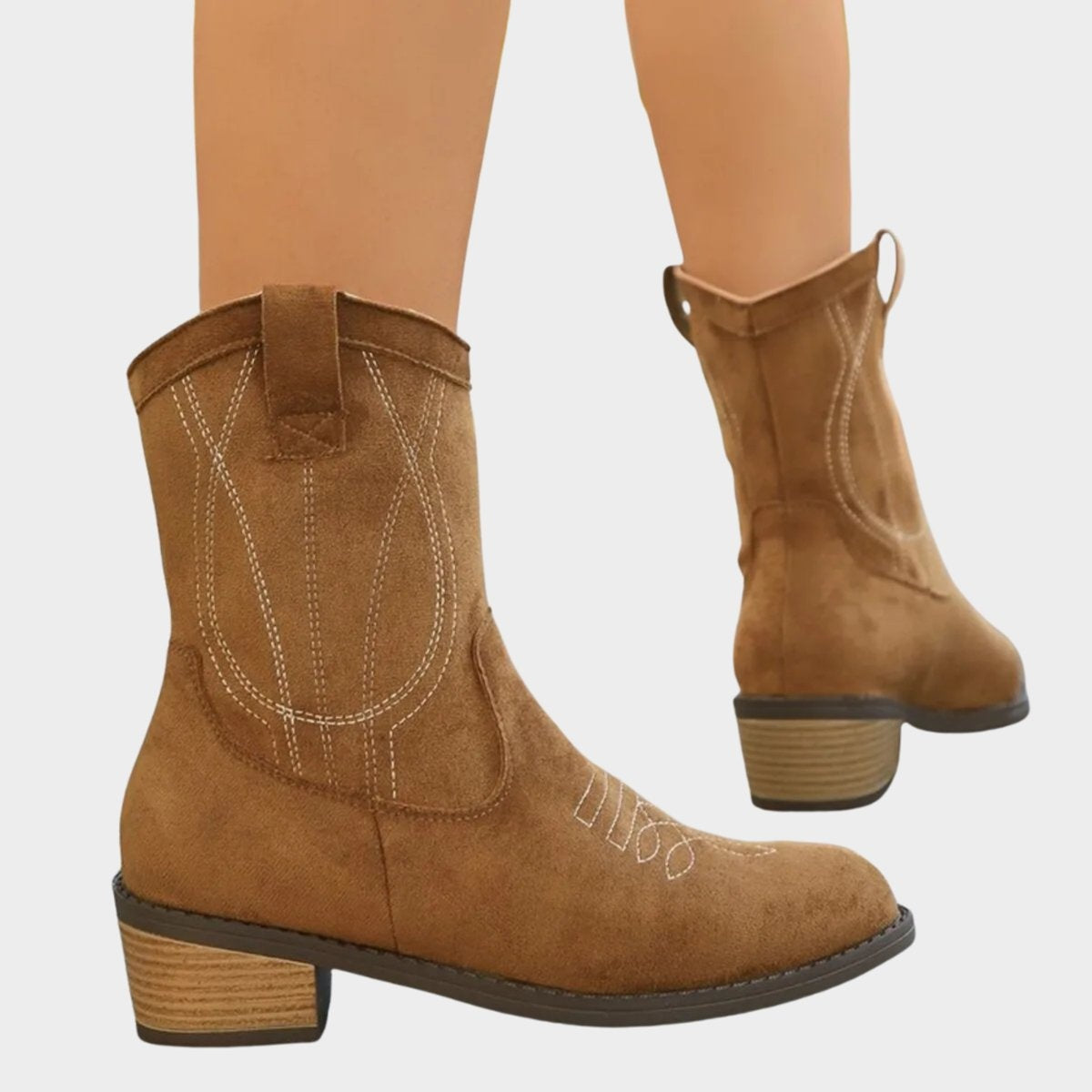 Botines Cowboy Mujer de Ante Bordados Tacón Bloque