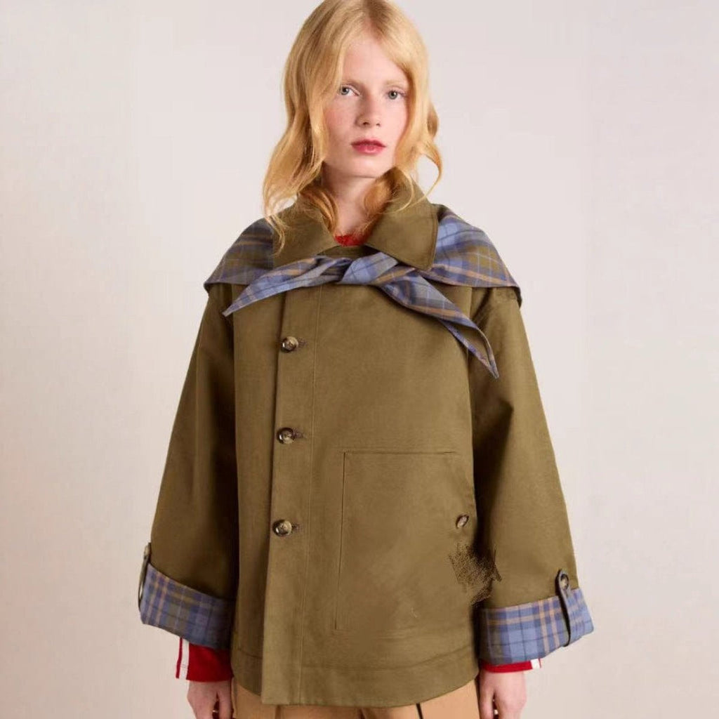 Gabardina Corta Mujer Oversized Forro Escocés Doble Botonadura