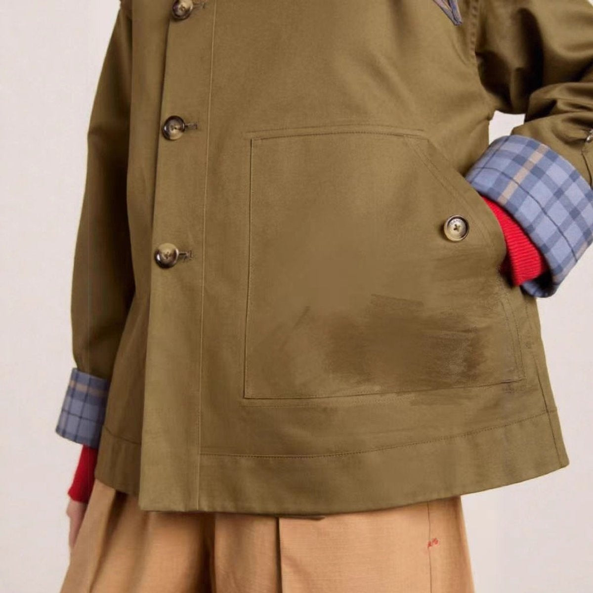 Gabardina Corta Mujer Oversized Forro Escocés Doble Botonadura
