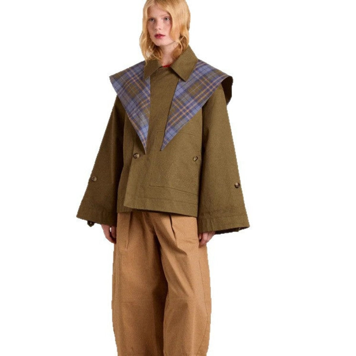Gabardina Corta Mujer Oversized Forro Escocés Doble Botonadura