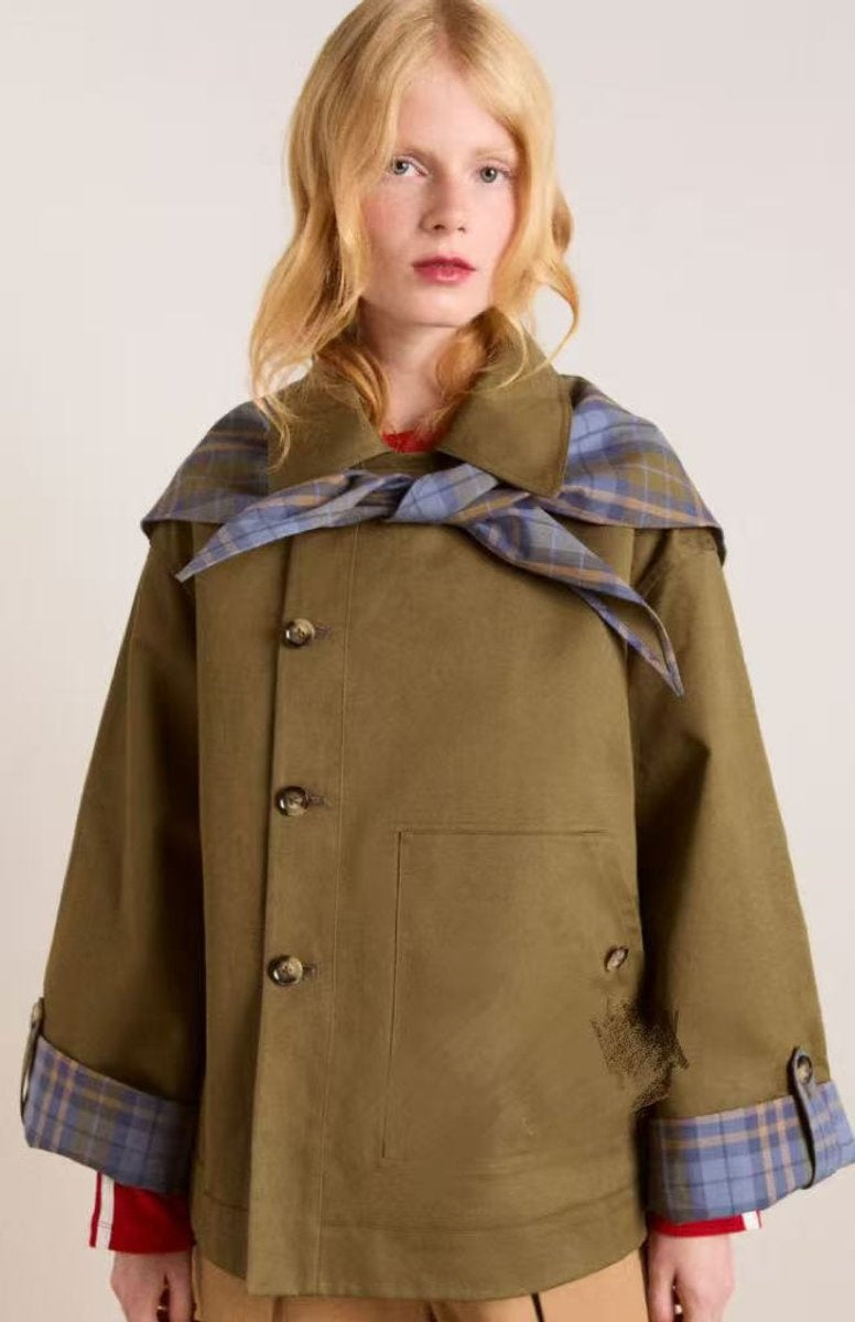Gabardina Corta Mujer Oversized Forro Escocés Doble Botonadura