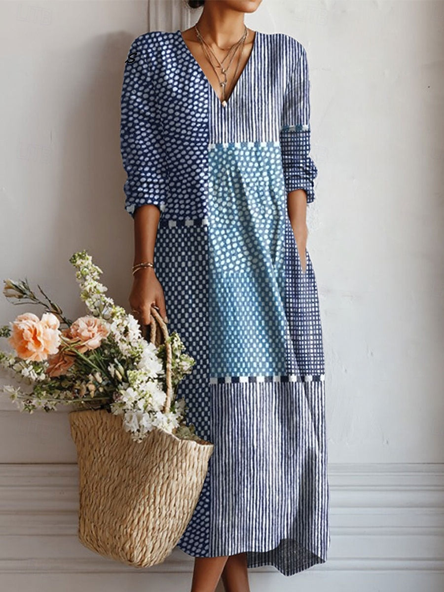 Vestido Midi Boho de Lino Estampado Mujer Escote V