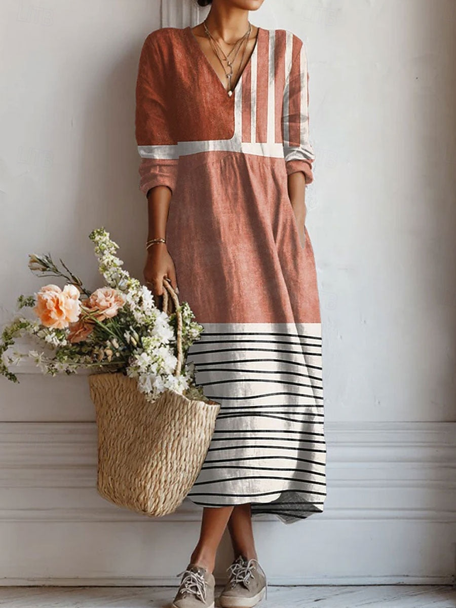 Vestido Midi Boho de Lino Estampado Mujer Escote V